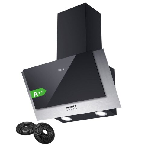 Campana extractora inclinada CIARRA de 60 cm – 370 m³/h – 3 velocidades – Reciclaje o evacuación – Clase energética A++ – Acero inoxidable y cristal – Negro – 736CBK60