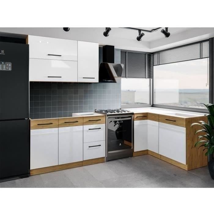 Cocina completa en esquina - Melamina roble Lancelot y gris Matera - 270 x 150 cm - Encimera no incluida - Imagen de 2