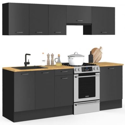 Cocina completa IDMARKET SUBTIL con encimera de 7 elementos negros y encimeras de madera