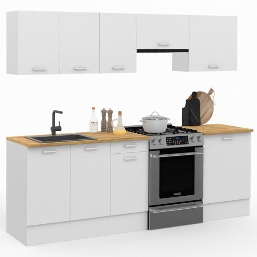 Cocina completa SUBTIL de 240 cm con encimera de 7 elementos blancos y encimeras de madera - Imagen de 5