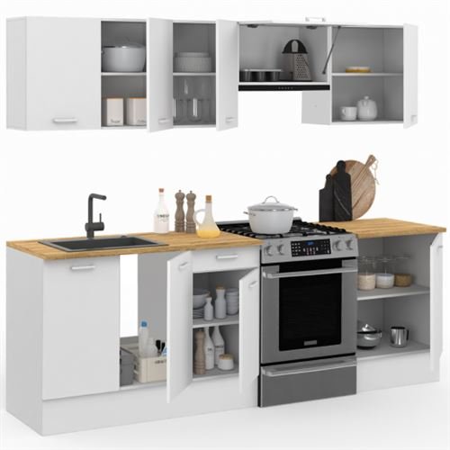 Cocina completa SUBTIL de 240 cm con encimera de 7 elementos blancos y encimeras de madera