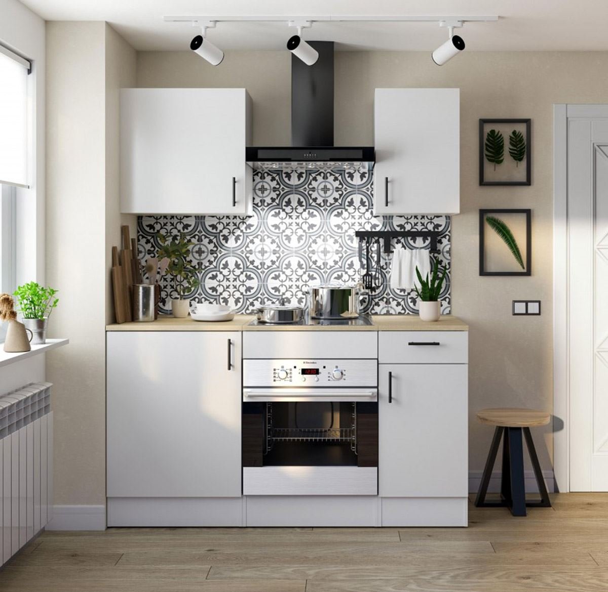 Conjunto de cocina de 5 elementos en blanco brillo/roble canadiense - PEGANE -