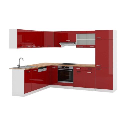 Cocina esquinera Vicco R-Line, burdeos/blanco de alto brillo, 227 x 287 cm, roble PT