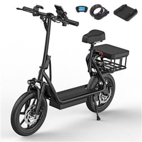 Patinete eléctrico AOVOPRO ESBS con asiento y cesta de 14 pulgadas – 500 W – 10,4 Ah – Negro