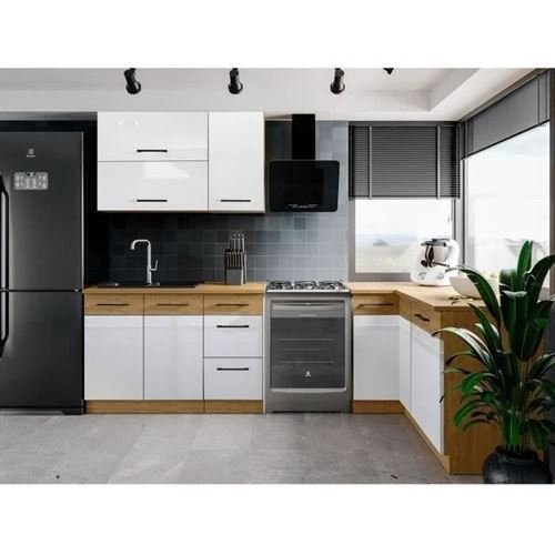 Cocina completa en esquina – Melamina roble Lancelot y gris Matera – 270 x 150 cm – Encimera no incluida