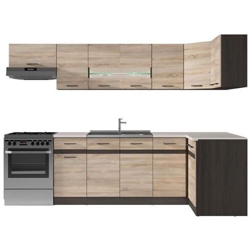 JUNONA Cocina esquinera completa con iluminación LED y encimera L 3m40 - Decoración roble Sonoma - Imagen de 2