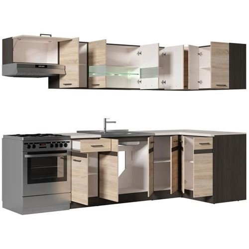 JUNONA Cocina esquinera completa con iluminación LED y encimera L 3m40 - Decoración roble Sonoma - Imagen de 3